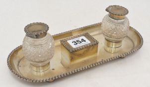 Silver and glass double pen and ink stand.