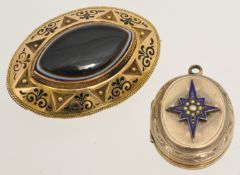 Victorian yellow metal memorial brooch set with agate stone and a silver enamelled and seed pearl