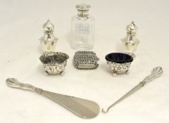 Two silver table salts, pair silver pepper pots, match case, scent bottle, button hook and shoe horn