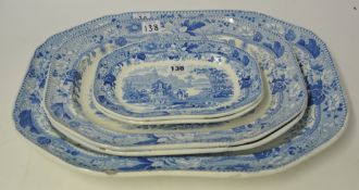 Five 19th century blue and white platters decorated with landscape patterns, largest 50cm x 39cm.