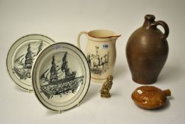 A 19th century cream ware jug with rural scenes, pair 19th century plates decorated with ships,