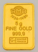 Fine gold ingot, 5g of almost pure gold in original box, RMB.