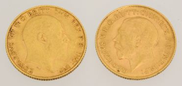Two gold half sovereigns, Edward VII and George V, 1910 and 1913 (2).