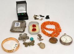 Various jewellery, bangle, open face pocket watch, cigarette case, beads and other objects.