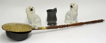 Pair of Staffordshire dogs, 19th century bed warmer and pewter quart.