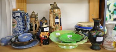 A quantity of various china and ornaments including vases, Wedgwood dressing table set, Ingersol