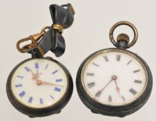 Two open face fob watches, one silver, one white metal with enamel dial inscribed `R.E Marlow`.