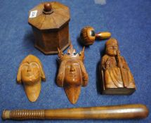 Various carved wood wares including Police truncheon, Treen, three medieval style wood carvings,