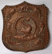Arts and Crafts Copper Shield attributed to John Pearson of Newlyn, 60cm x 56cm, provenance the