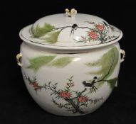 Oriental porcelain jar and cover decorated with character marks and birds on a branch decoration,