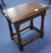 Old reproduction joint oak stool, 35cm wide.