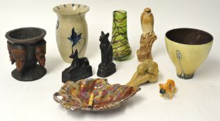Loetz style art glass vase, Studio pottery carvings, glass vase and other objects (11).