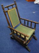 Edwardian miniature rocking chair and a small child`s rush seat chair (2).