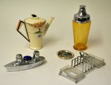 Art Deco coffee pot, Art Deco condiment set, Deco metal and glass cocktail shaker, silver pin dish