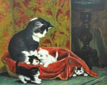 20th century oil painting signed G. Metsu? `Cats in a basket` in gilt swept frame, 34cm x 43cm.