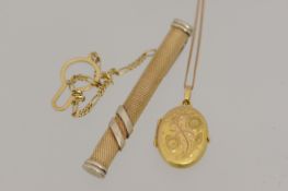 A 9ct gold tie clip (7.50g) together with a yellow metal locket on 9ct gold fine chain.