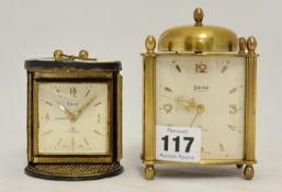 A Swiza mignon 8 day clock with alarm, brass bell top case with pillars and funnels circa 1952?