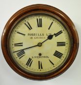 Victorian dial clock inscribed `Russels Ltd, 18 Church Street Liverpool` with key and pendulum in