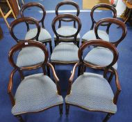Set of eight reproduction Victorian mahogany framed balloon chairs with over stuffed seats and