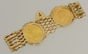 9ct gold gate bracelet set with two gold full sovereigns including Victoria 1864 and George V