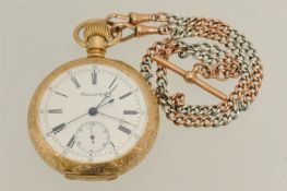 A fancy gold open face pocket watch Continental Watch Co stamped 14k t/w a yellow and white metal