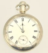An Elgin open face silver keyless pocket watch with screw front case.