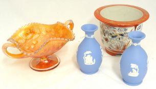 Pair of blue Wedgwood Jasper ware vases, Japanese Kutani small vase, a Carnival glass dish (4).