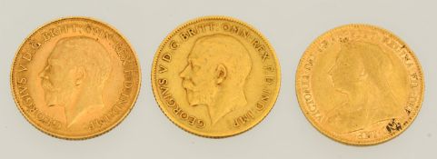 Three half sovereigns, two George V and Victoria, F.