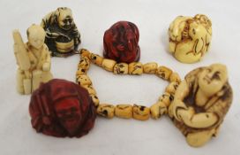 Six various carved Netsukes and a carved bone bracelet (7).