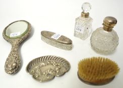 Two silver and glass scent bottles, silver back dressing table mirror, other silver objects (6).
