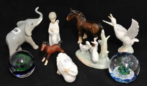 Various porcelain figures including Beswick foal, Lladro wares, Selkirk glass paperweight Limited