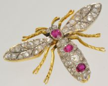 Fine antique 18ct gold and platinum brooch set with Burmese rubies and rose cut diamonds circa
