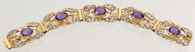 Antique 14ct gold amethyst and diamond bracelet. Five sectioned links each containing one oval cut