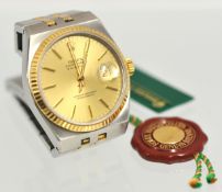 Gents bi-metal Rolex Oyster quartz Datejust chronometer wristwatch, champagne baton dial with