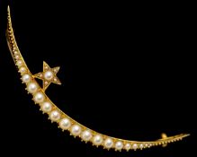 A gilt metal crescent brooch set with pearls in original box inscribed T.Smith & Sons, Edinburgh