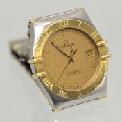 Gents bi-metal Omega Constellation quartz chronometer bracelet watch, beige coloured dial with