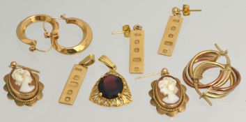 Collection of various gold and other earrings including cameo, ingot and also a garnet design