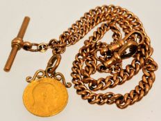 A 9ct gold watch chain with T bar and Edward VII gold half sovereign 1906 (gross weight 33g)