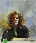 ROBERT LENKIEWICZ (1941-2002) watercolour `Self Portrait with Green Mug` signed to the right margin,