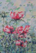 DIANE NEVITT signed painting on silk `Oriental Poppies` 72cm x 48cm