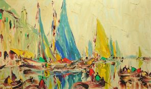 GEORGE R. DEAKINS (1911-1982) impressionistic oil on board `Continental Fishing Boats`, signed, 74cm