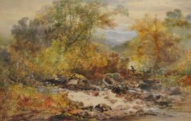 WILLIAM WIDGERY (1822-1893) watercolour, signed, `A wooded river scene with angler` 44cm x 69cm