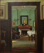 Unsigned 19th century oil on canvas `Victorian Drawing Room`, 74cm x 62cm