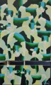 LEE WOODS (b1964) acrylic on wrap around board `Cows` two pictures joined by tubular bars 129cm x