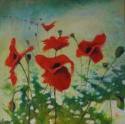 RICHARD LANNOWE HALL (Current St.Ives artist) mixed media `Poppy`s and Chamomile` 2009, 32cm x 31cm,