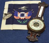 Carved oak cased barometer/thermometer (damaged), silk American flag picture and an EP stag trophy