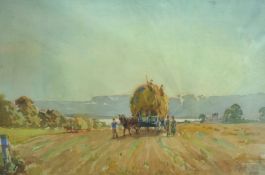 English School watercolour, indistinctly signed and dated 1939 `Harvest Scene`, 23cm x 34cm