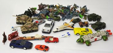 Small collection of playworn diecast and other models including Corgi Toys also various figures (