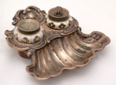 Continental silver inkstand, 107g, impressed `Kessler`, the ink wells with overlay glass bases
