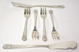 Set of six cake forks each stamped Bruckman 90 on the reverse with monogram `AS` possibly that of